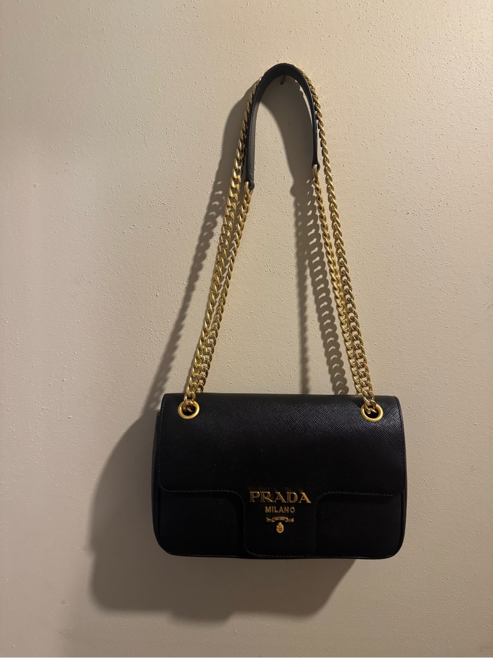 Prada Black Saffiano Leather Shoulder Bag with Gold Hardware